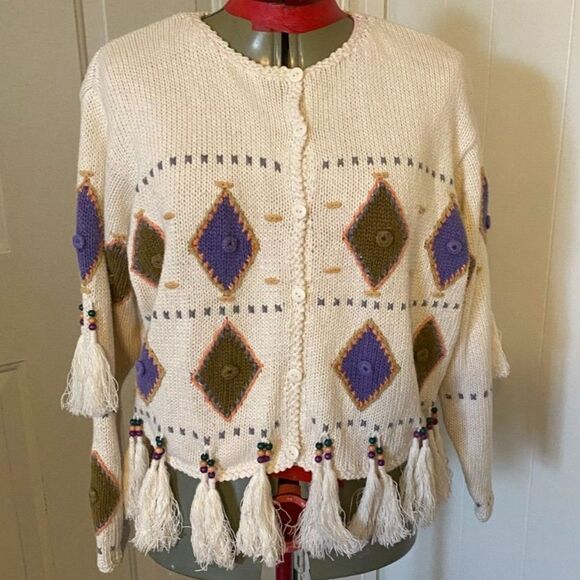 Boho Beaded Fringe Scoop Neck Sweater/Cardigan Women Size M - Picture 2 of 7